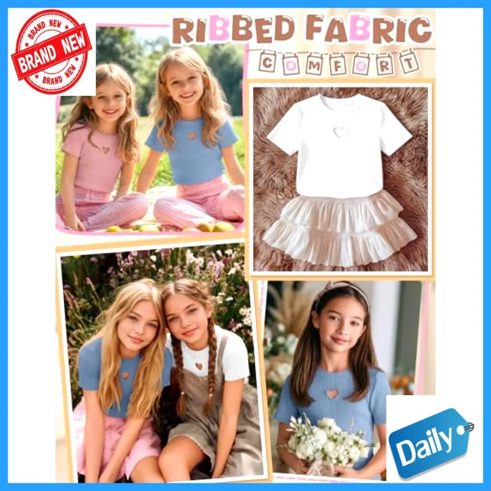 Girls' 3 Pack Cotton Ribbed Tees Slim Fit Heart Cutout Tops 5-14 Years